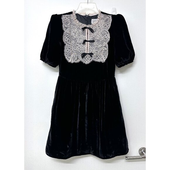 Saloni Cherie Bows Lace Velvet Mini Dress Black Pink Beaded Crystal US 6 - Picture 2 of 16